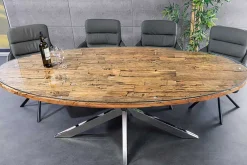 Massiver Esstisch BARRACUDA 220cm braun Teakholz silber Sterngestell Glasplatte