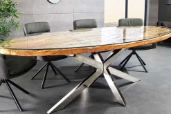 Massiver Esstisch BARRACUDA 220cm braun Teakholz silber Sterngestell Glasplatte