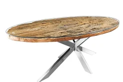 Massiver Esstisch BARRACUDA 220cm braun Teakholz silber Sterngestell Glasplatte