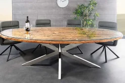 Massiver Esstisch BARRACUDA 220cm braun Teakholz silber Sterngestell Glasplatte