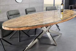 Massiver Esstisch BARRACUDA 220cm braun Teakholz silber Sterngestell Glasplatte