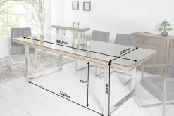 Massiver Esstisch BARRACUDA 180cm antik Teak Holz mit Stahl Kufenfüßen inkl. Glasplatte