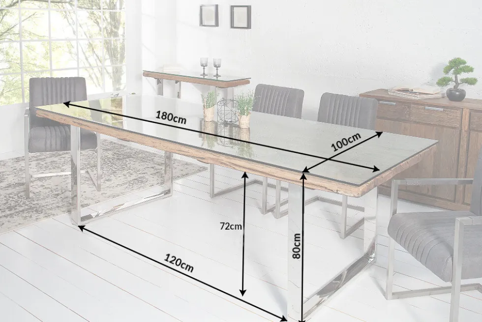 Massiver Esstisch BARRACUDA 180cm antik Teak Holz mit Stahl Kufenfüßen inkl. Glasplatte