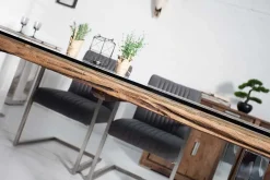 Massiver Esstisch BARRACUDA 180cm antik Teak Holz mit Stahl Kufenfüßen inkl. Glasplatte