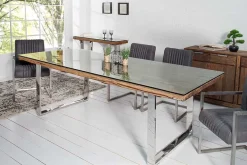 Massiver Esstisch BARRACUDA 180cm antik Teak Holz mit Stahl Kufenfüßen inkl. Glasplatte