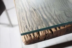 Massiver Esstisch BARRACUDA 180cm antik Teak Holz mit Stahl Kufenfüßen inkl. Glasplatte
