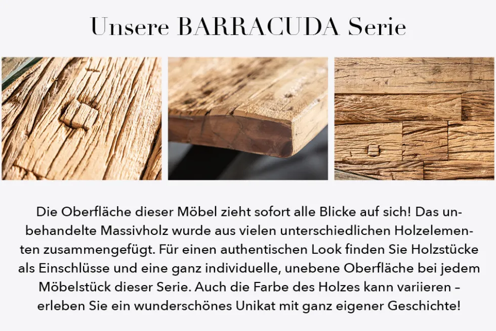 Massiver Esstisch BARRACUDA 180cm antik Teak Holz mit Stahl Kufenfüßen inkl. Glasplatte