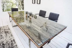 Massiver Esstisch BARRACUDA 240cm antik Teak Holz mit Stahl Kufenfüßen inkl. Glasplatte