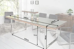 Massiver Esstisch BARRACUDA 240cm antik Teak Holz mit Stahl Kufenfüßen inkl. Glasplatte