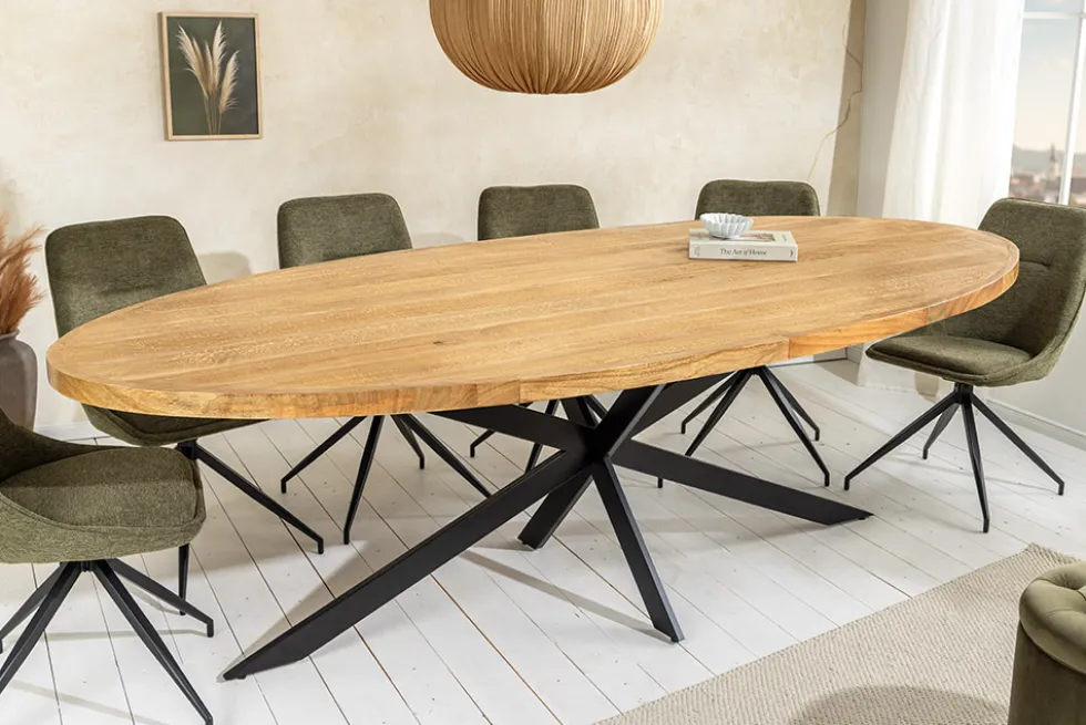 Massiver Esstisch GALAXIE 240cm braun Mangoholz oval schwarz Eisen Sterngestell