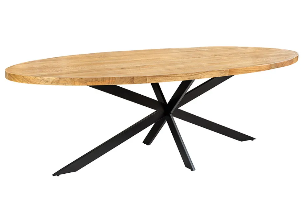 Massiver Esstisch GALAXIE 240cm braun Mangoholz oval schwarz Eisen Sterngestell
