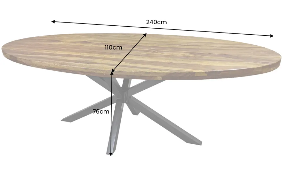 Massiver Esstisch GALAXIE 240cm natur Sheeshamholz oval Sterngestell schwarz