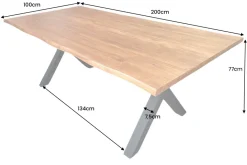 Massiver Esstisch GENESIS 200cm braun Akazienholz schwarz X-Gestell Baumkante