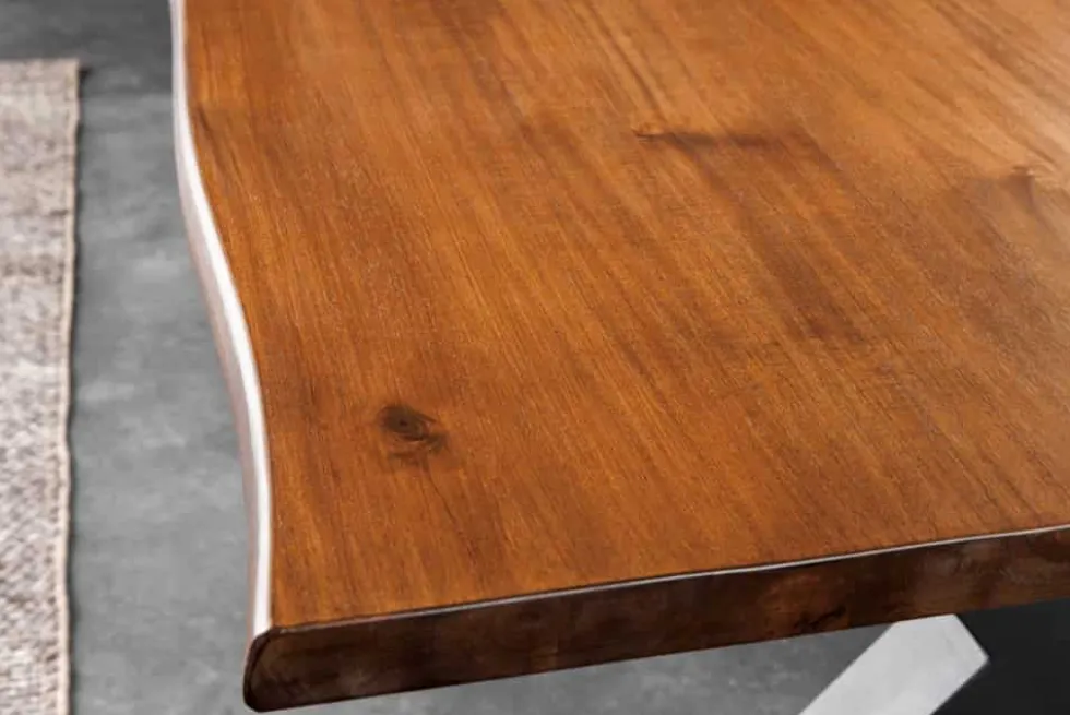 Massiver Esstisch GENESIS 160cm braun Akazienholz schwarz X-Gestell Baumkante