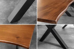 Massiver Esstisch GENESIS 160cm braun Akazienholz schwarz X-Gestell Baumkante