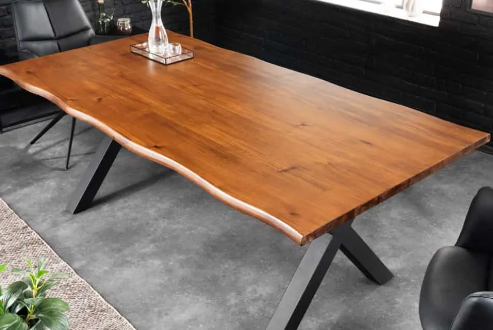 Massiver Esstisch GENESIS 160cm braun Akazienholz schwarz X-Gestell Baumkante