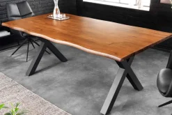 Massiver Esstisch GENESIS 160cm braun Akazienholz schwarz X-Gestell Baumkante