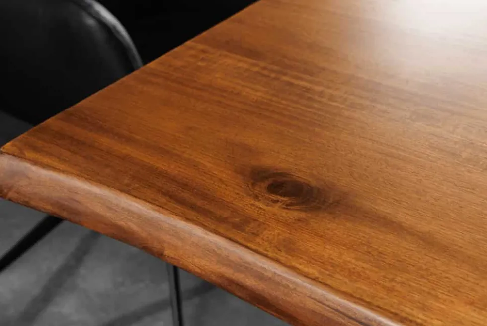 Massiver Esstisch GENESIS 160cm braun Akazienholz schwarz X-Gestell Baumkante