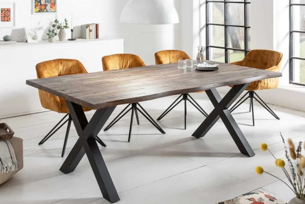 Massiver Esstisch GENESIS VINTAGE 200cm braun Akazienholz schwarzes X-Gestell Baumkante