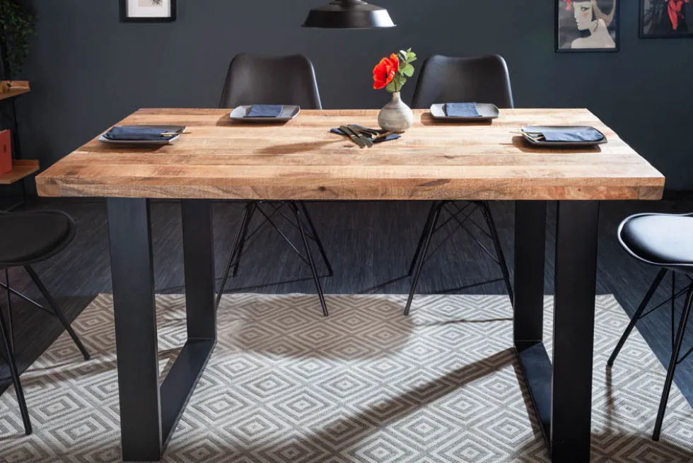 Massiver Esstisch IRON CRAFT 120cm Mangoholz schwarzes Eisengestell Kufe Industrial Design