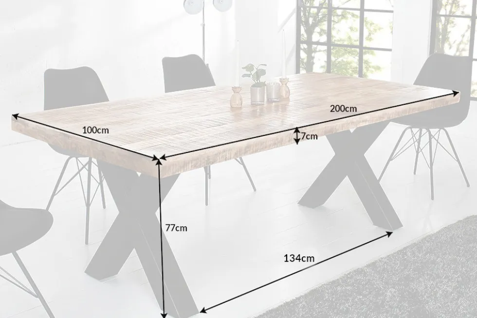 Massiver Esstisch IRON CRAFT 200cm natur Mangoholz Industrial Design X-Gestell schwarz Metall