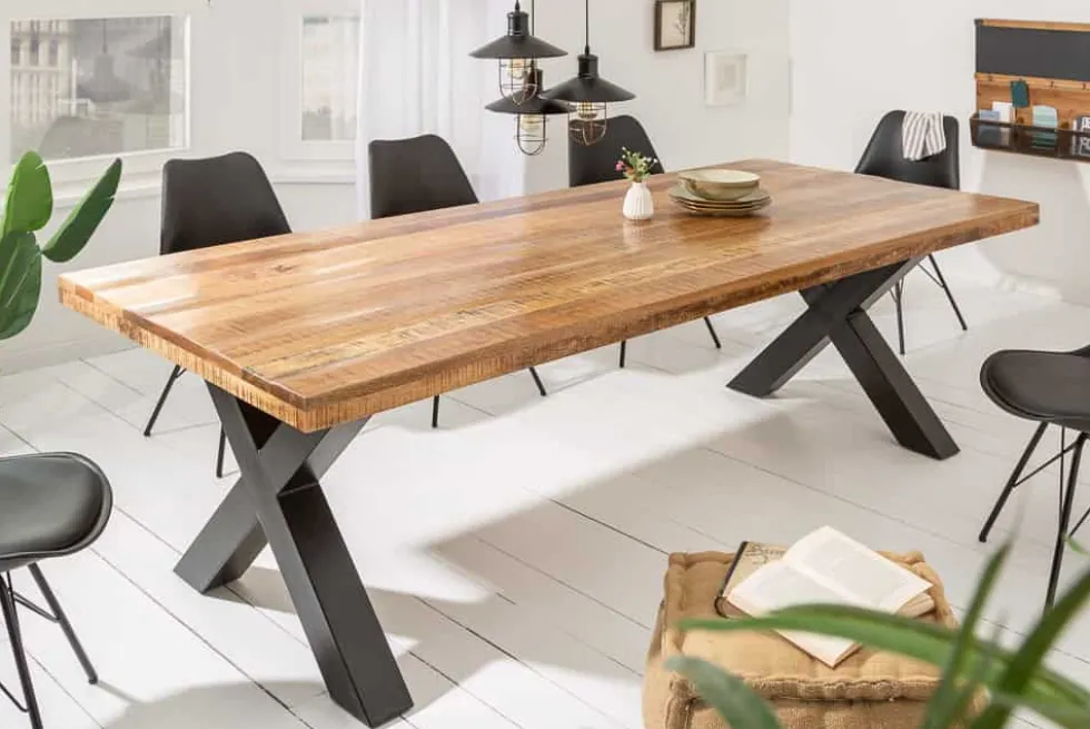 Massiver Esstisch IRON CRAFT 200cm natur Mangoholz Industrial Design X-Gestell schwarz Metall