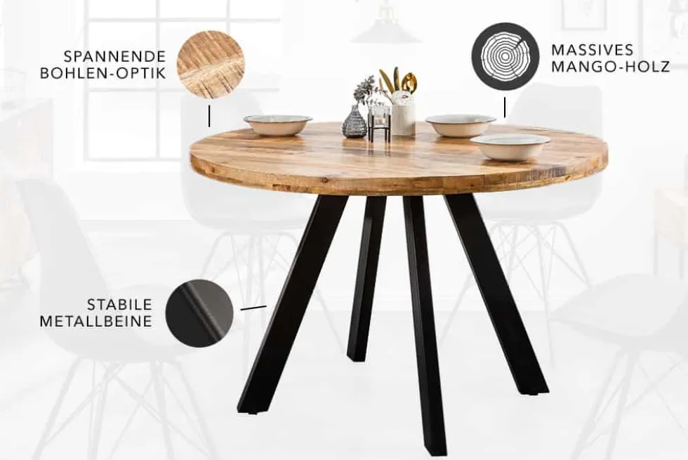Massiver Esstisch IRON CRAFT 120cm rund natur Mangoholz