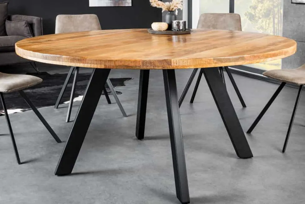 Massiver Esstisch IRON CRAFT 140cm natur rund Mangoholz Metall Industrial Design