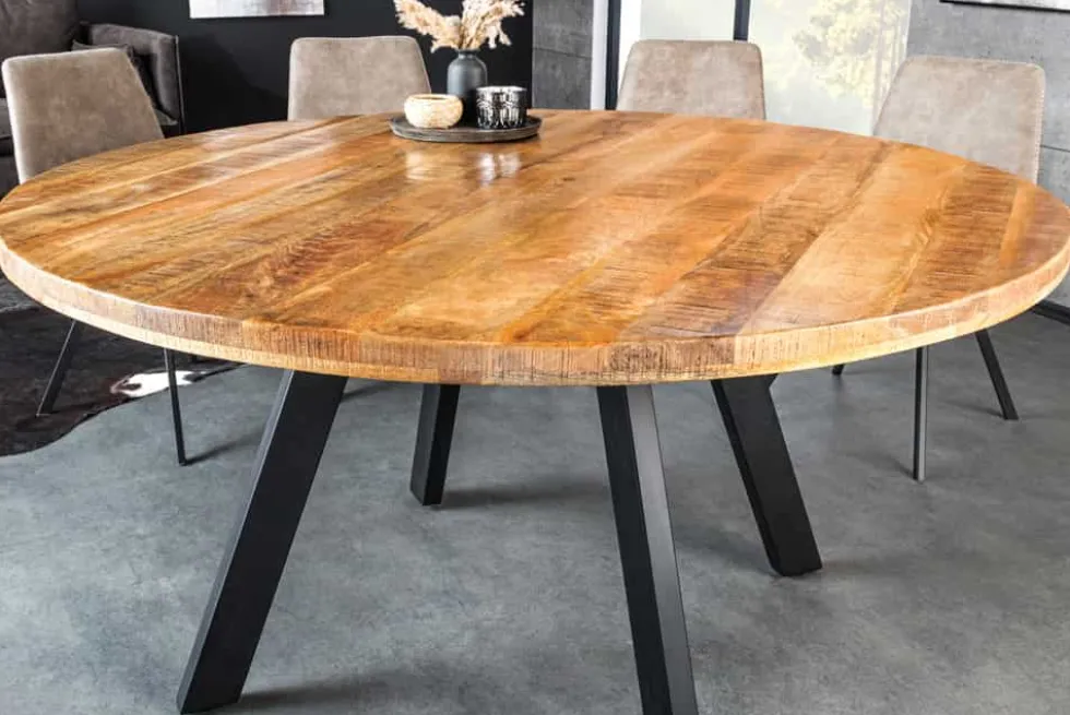 Massiver Esstisch IRON CRAFT 140cm natur rund Mangoholz Metall Industrial Design