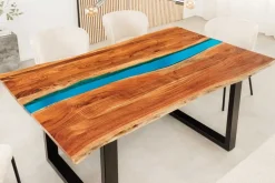 Massiver Esstisch LIQUID 160cm braun Akazienholz Baumkante schwarz Eisen blau