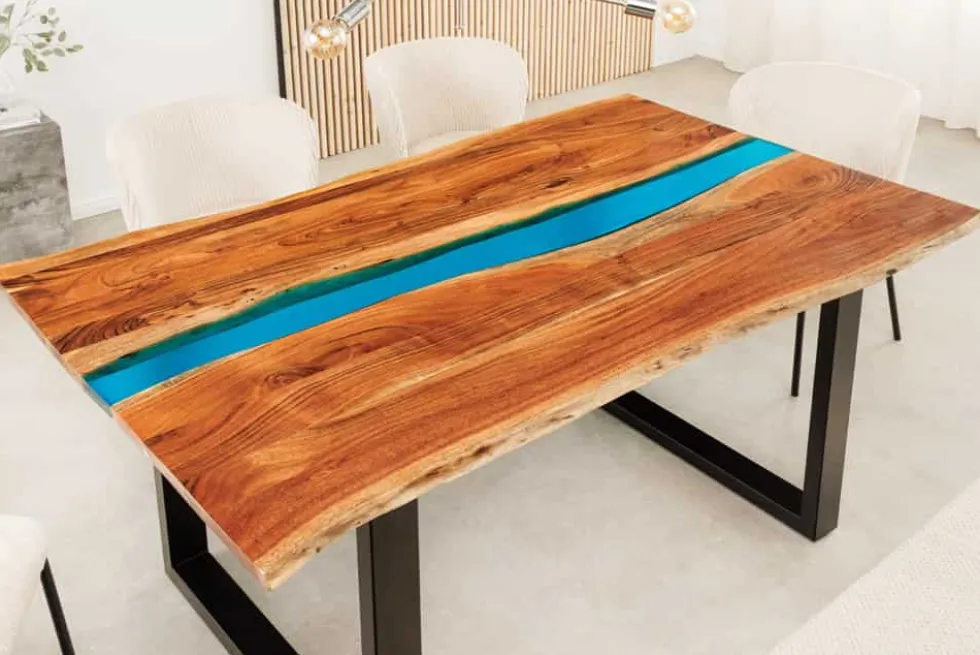 Massiver Esstisch LIQUID 160cm braun Akazienholz Baumkante schwarz Eisen blau