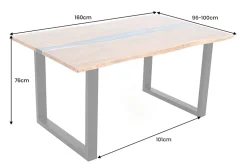Massiver Esstisch LIQUID 160cm braun Akazienholz Baumkante schwarz Eisen blau