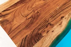 Massiver Esstisch LIQUID 160cm braun Akazienholz Baumkante schwarz Eisen blau