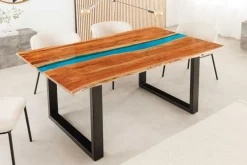 Massiver Esstisch LIQUID 160cm braun Akazienholz Baumkante schwarz Eisen blau
