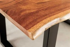 Massiver Esstisch LIQUID 160cm braun Akazienholz Baumkante schwarz Eisen blau