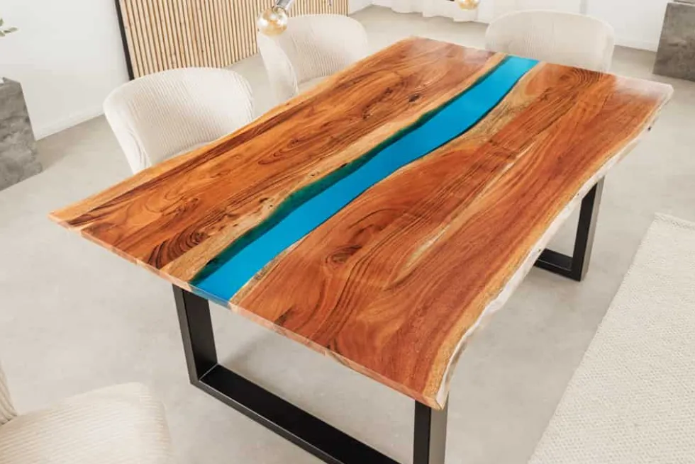 Massiver Esstisch LIQUID 160cm braun Akazienholz Baumkante schwarz Eisen blau