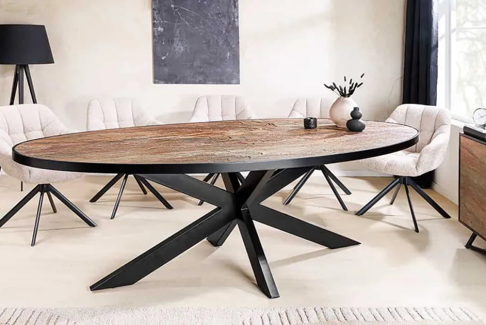 Massiver Esstisch MOUNTAIN SOUL 240cm rötlich grün schwarz oval Naturstein Eisen
