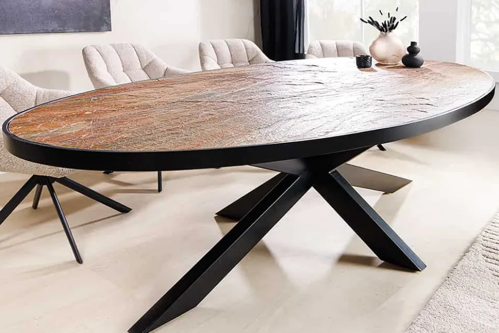 Massiver Esstisch MOUNTAIN SOUL 240cm rötlich grün schwarz oval Naturstein Eisen
