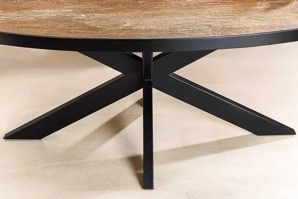 Massiver Esstisch MOUNTAIN SOUL 240cm rötlich grün schwarz oval Naturstein Eisen