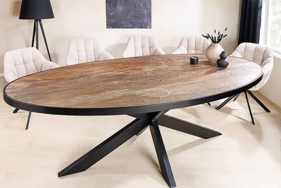 Massiver Esstisch MOUNTAIN SOUL 240cm rötlich grün schwarz oval Naturstein Eisen