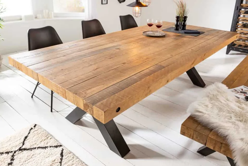 Massiver Esstisch THOR 240cm natur recyceltes Pinienholz Industrial Design