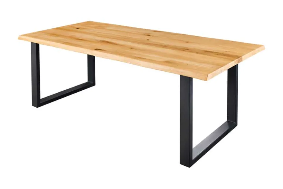 Massiver Esstisch WILD OAK 160cm natur schwarz Wildeiche Baumkante Metall U-Gestell