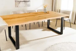 Massiver Esstisch WILD OAK 160cm natur schwarz Wildeiche Baumkante Metall U-Gestell