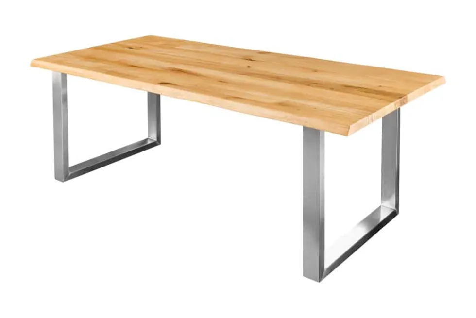 Massiver Esstisch WILD OAK 160cm natur silber Wildeiche Baumkante Edelstahl U-Gestell