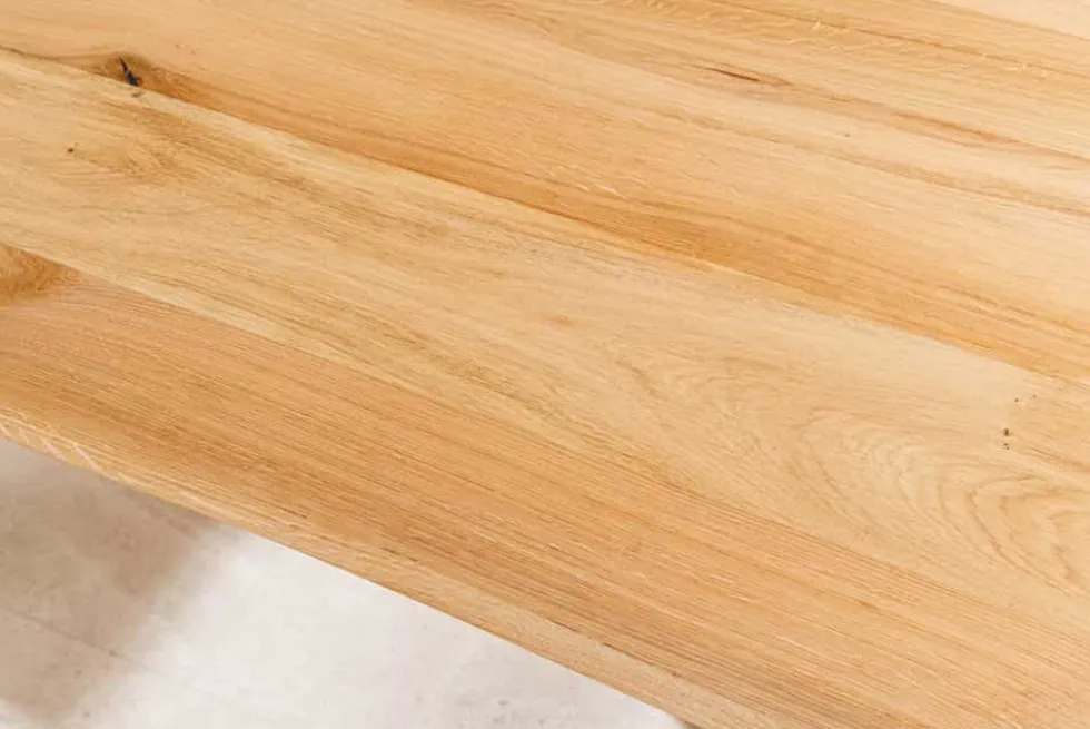 Massiver Esstisch WILD OAK 160cm natur silber Wildeiche Baumkante Edelstahl U-Gestell