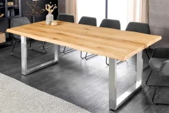 Massiver Esstisch WILD OAK 200cm natur silber Wildeiche Baumkante Edelstahl U-Gestell