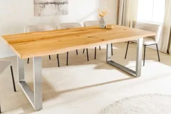 Massiver Esstisch WILD OAK 200cm natur silber Wildeiche Baumkante Edelstahl U-Gestell