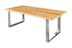 Massiver Esstisch WILD OAK 200cm natur silber Wildeiche Baumkante Edelstahl U-Gestell