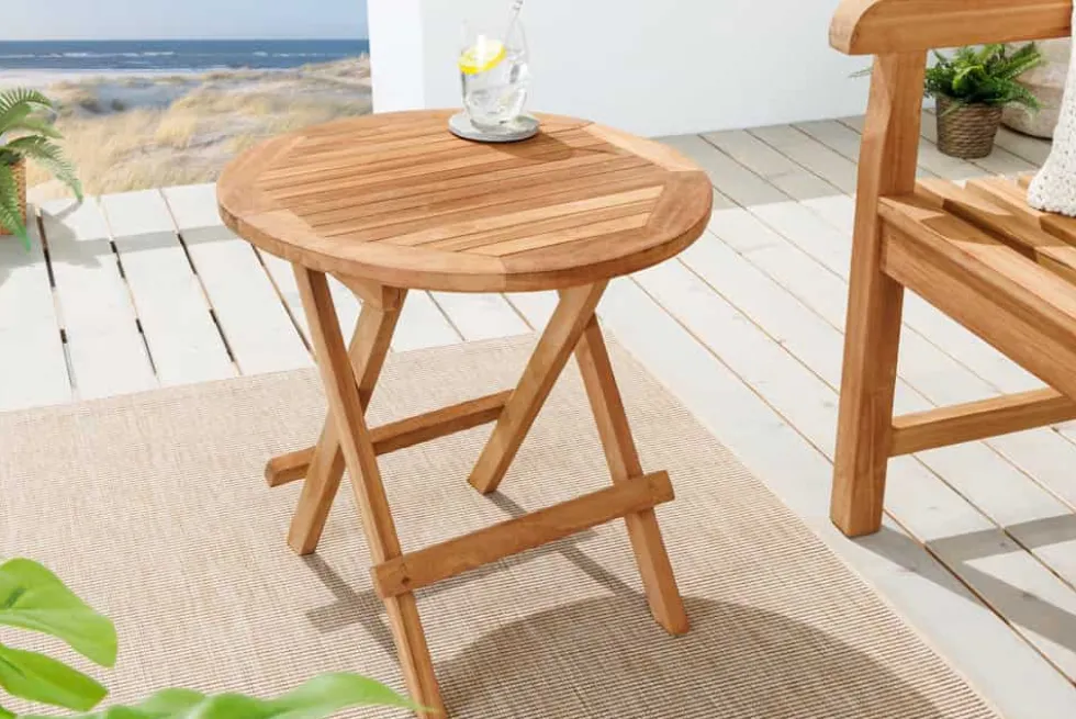 Massiver Gartenbeistelltisch EMPIRE TEAK 50cm natur Teakholz klappbar rund Outdoor