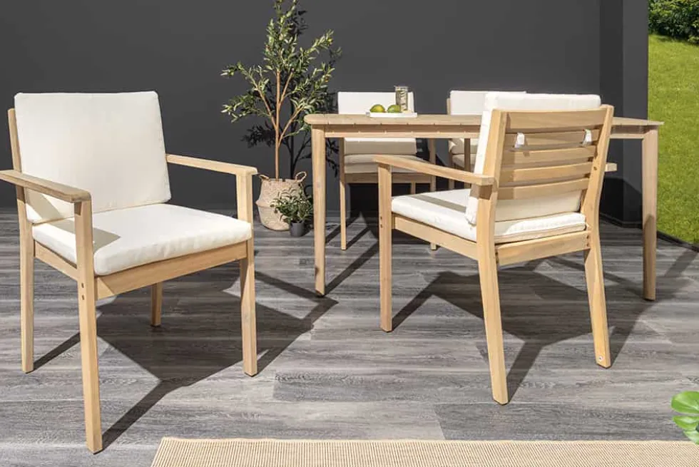 Massiver Gartenstuhl KOPENHAGEN natur Akazienholz beige Outdoor inkl. Kissen